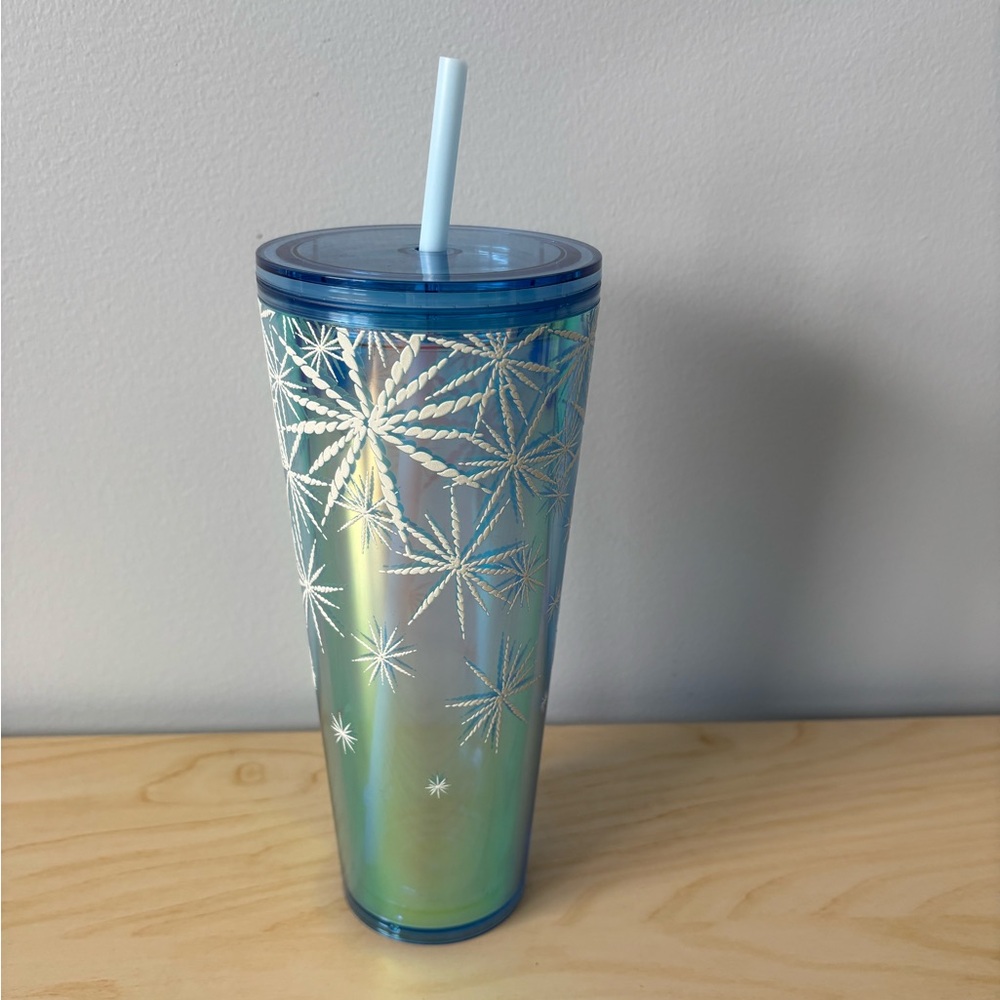 Starbucks 2023 Snowflake Iridescent Teal Blue Cold Cup -Light Blue Straw - 24 oz - Picture 2 of 7